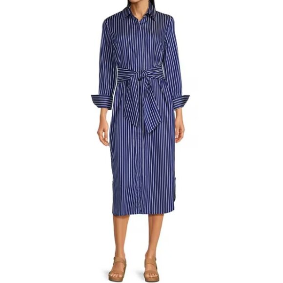 J.McLaughlin Orla Stripe Long Sleeve Tie Waist Button Front Midi Shirt Dress - Picture 2 of 9